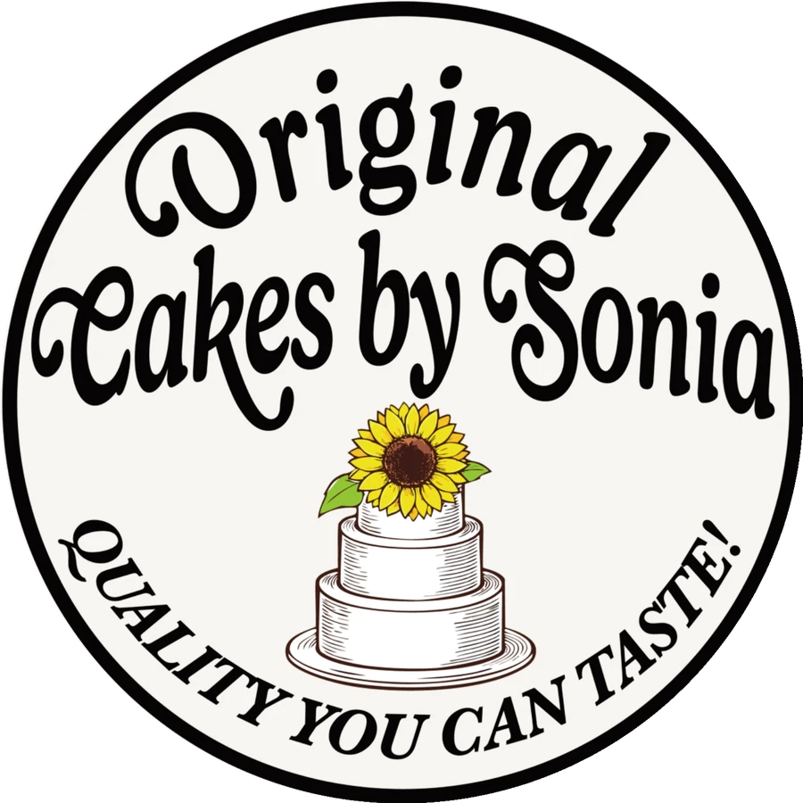 Original Cakes by Sonia seal: a tiered cake topped with a sunflower, Quality you can taste